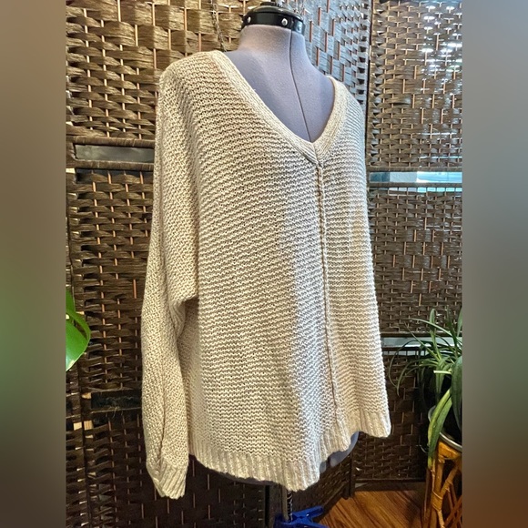 Free People oatmeal beige Knit V neck oversized slouchy off shoulder sweater m - Picture 7 of 14